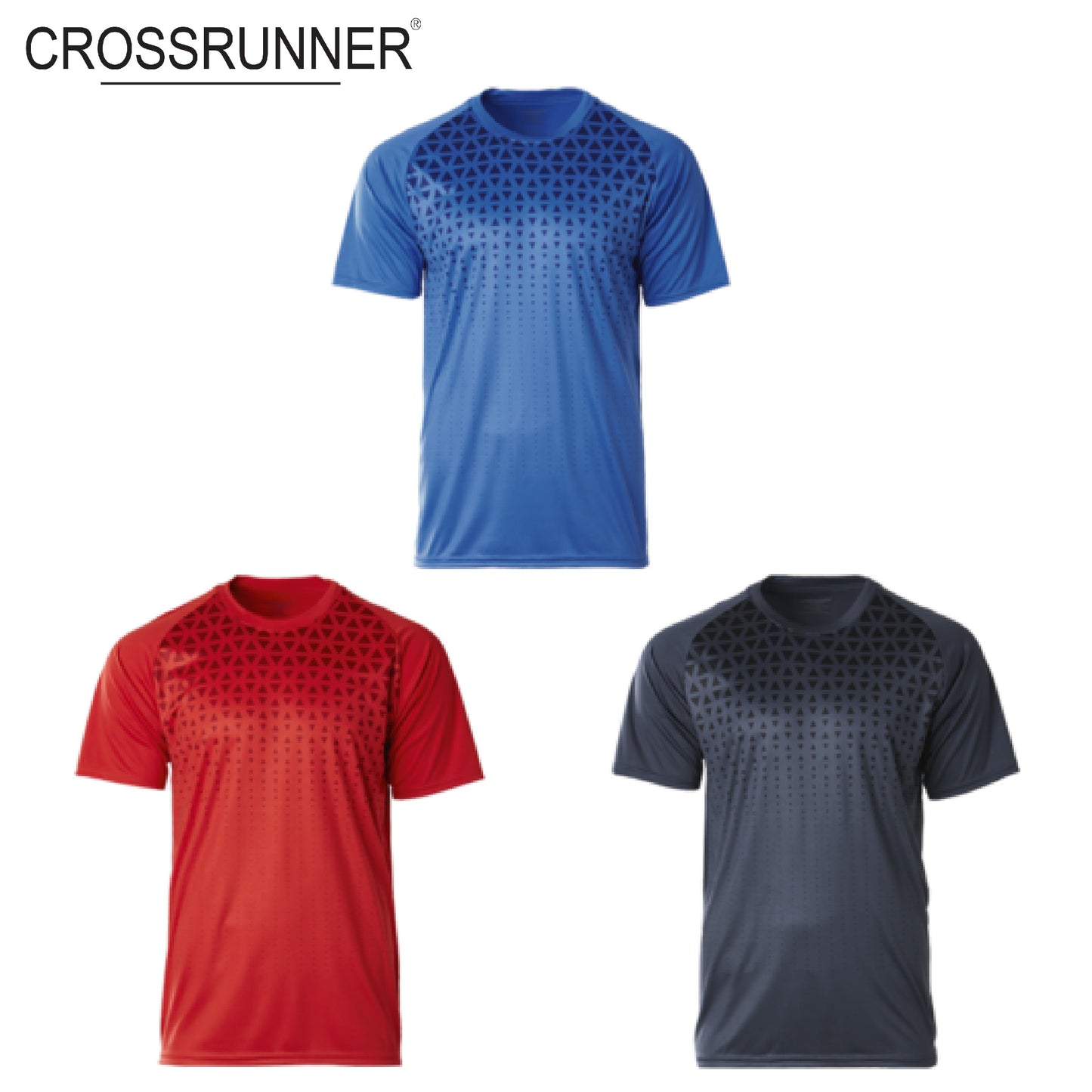 Crossrunner 2100 Sublimated Jersey in red, blue, and black, ideal for athletes and corporate gifts.