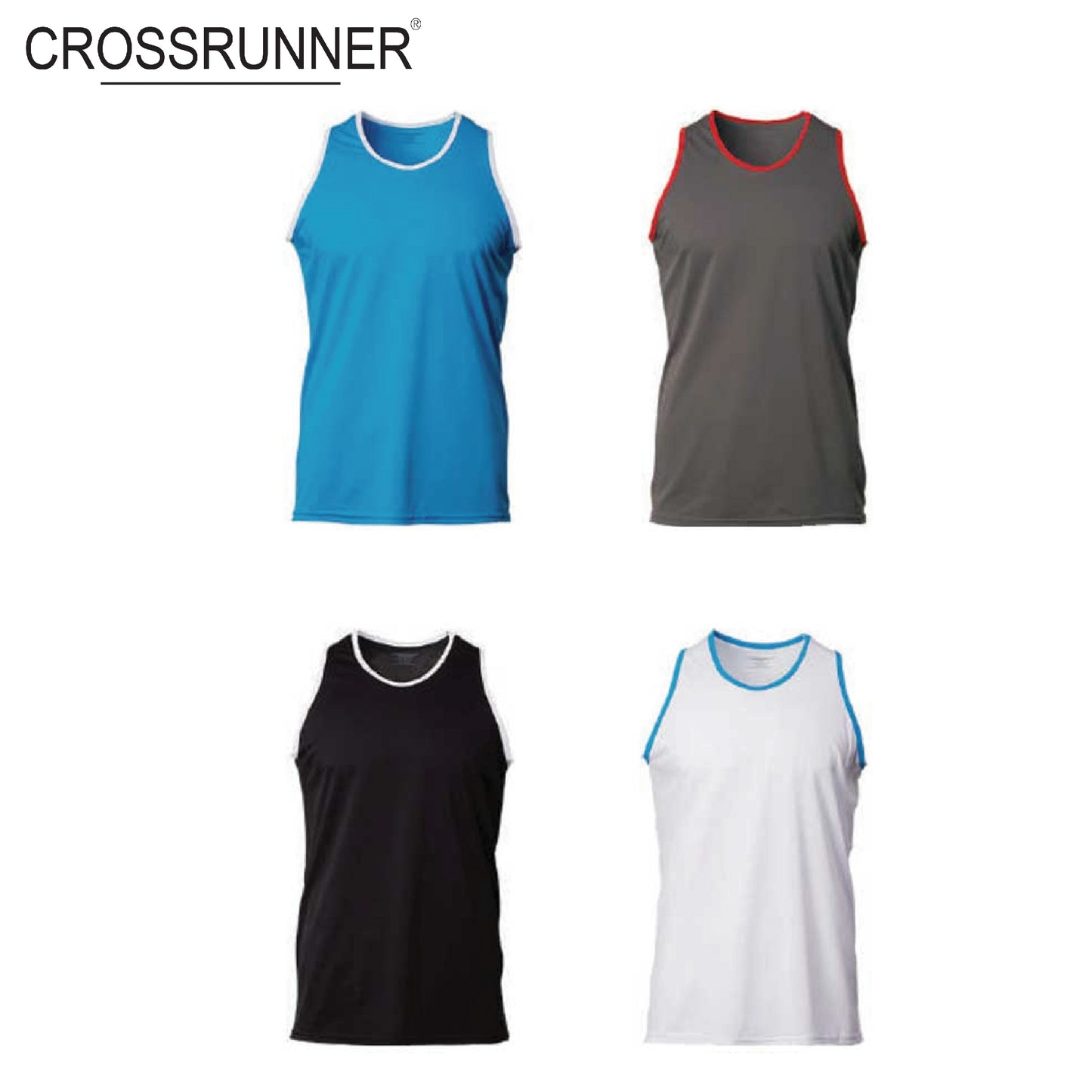 Crossrunner 1500 Ringer Singlet collection in four colors, ideal for athletic performance and corporate gifts.