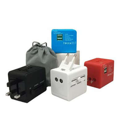 Travel Adaptor with 2 USB Port collection in various colors for efficient charging.