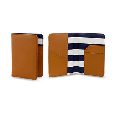 Folded Passport Travel Wallet in brown with striped interior, perfect for travel and corporate gift.