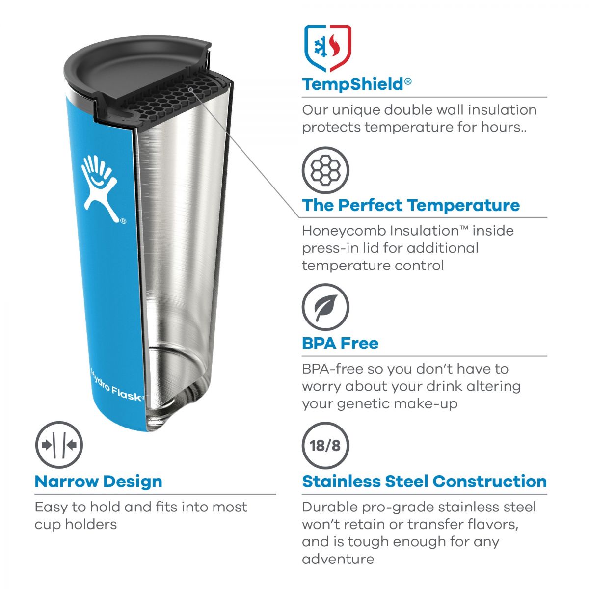 HydroFlask 32oz Tumbler showcasing TempShield insulation, narrow design, and BPA-free stainless steel construction.