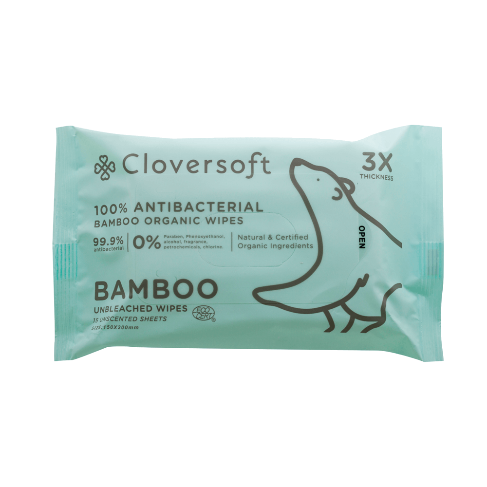 15 Sheets Unbleached Bamboo Organic Antibacterial Wipes packaging, featuring natural and organic ingredients.
