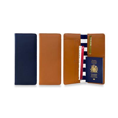 Leather Travel Wallet in navy blue and brown, featuring compartments for cards and passport, ideal corporate gift.