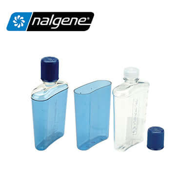 Nalgene 12oz Flask Water Bottle shown in blue and clear, perfect for active lifestyles and corporate gifts.