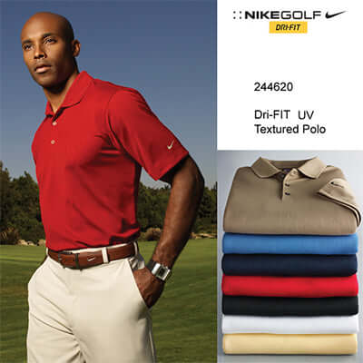 Nike Golf Tech Men Basic Dri-FIT UV Textured Polo Shirt worn by model, showcasing fabric styles and colors.