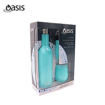 Oasis 3 Piece Insulated Wine Gift Set packaging showcasing wine traveller and glasses.