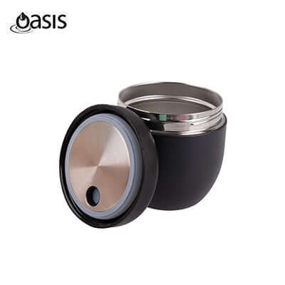 Oasis Stainless Steel Insulated Food Container with Handle 470ML in black and silver open view.