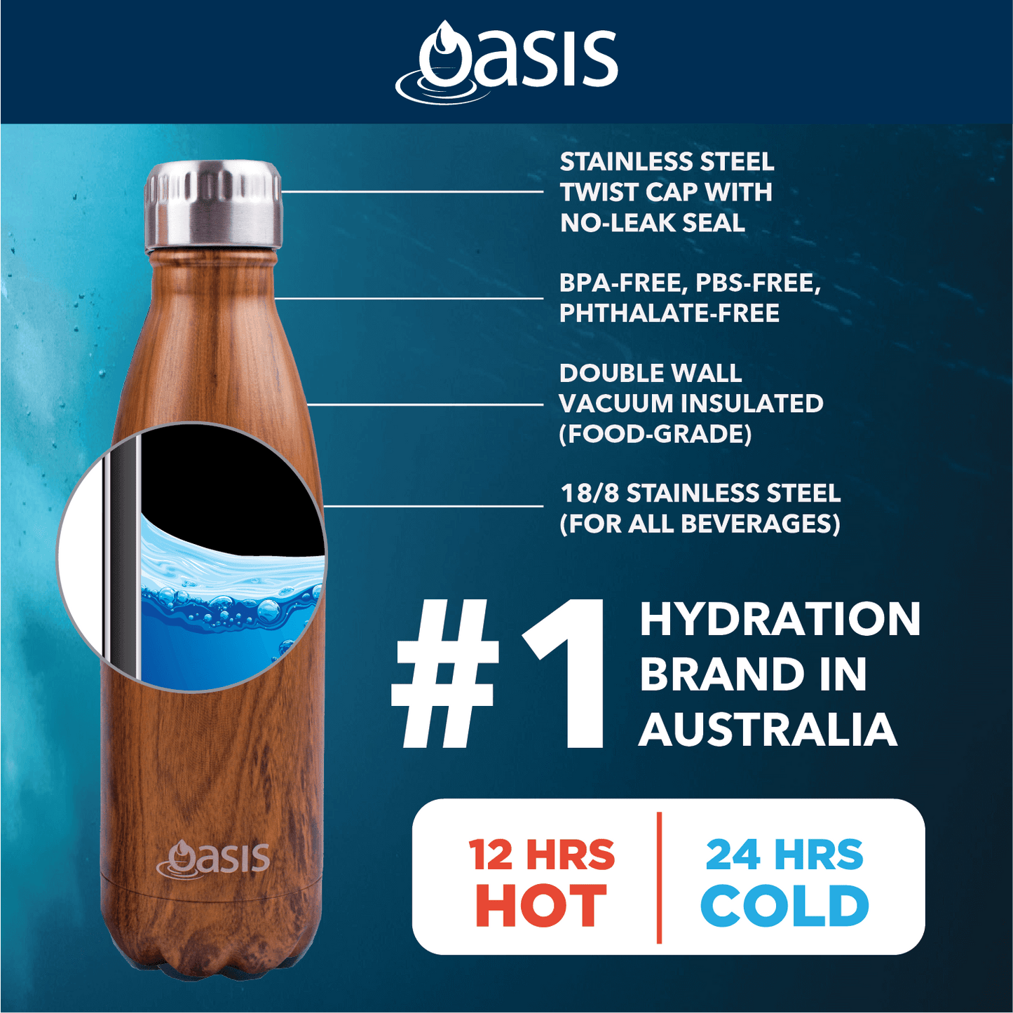 Oasis Stainless Steel Insulated Water Bottle 1.5L features with stainless steel twist cap and insulation details.