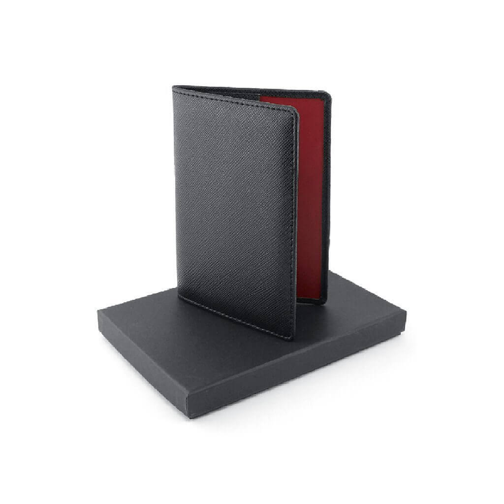 Havana Passport Holder in black PU leather with red interior, perfect as a corporate gift for travelers.