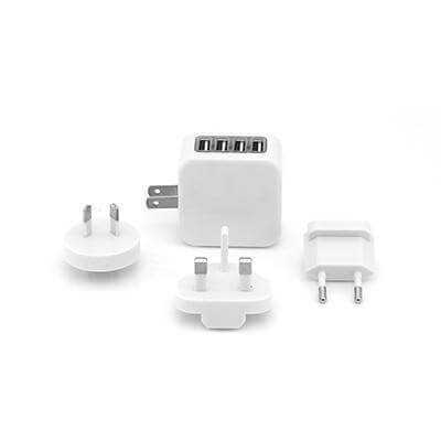 Universal Travel Adaptor with 4 USB Hub with interchangeable plugs for global travel.