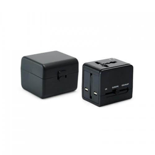 Worldwide Travel Adaptor With 2 USB Hub and Case in black, compact design for global use.