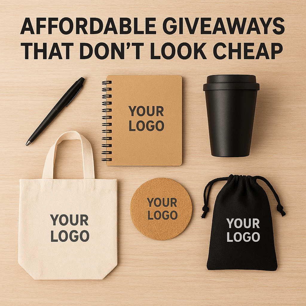 Affordable Giveaways That Don’t Look Cheap: promotional items including a pen, notebook, coffee cup, and tote bag.