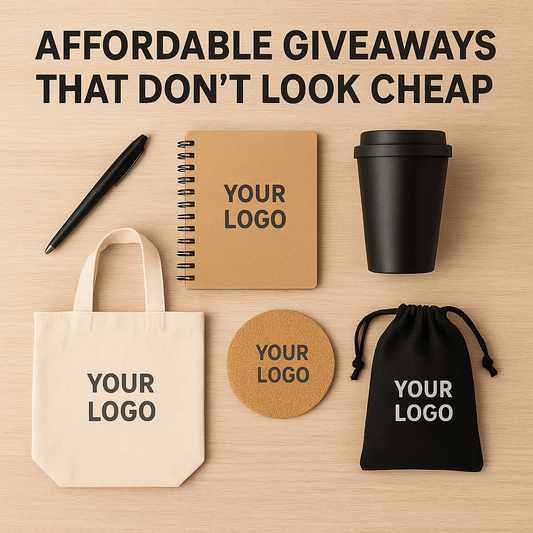 Affordable Giveaways That Don’t Look Cheap: promotional items including a pen, notebook, coffee cup, and tote bag.