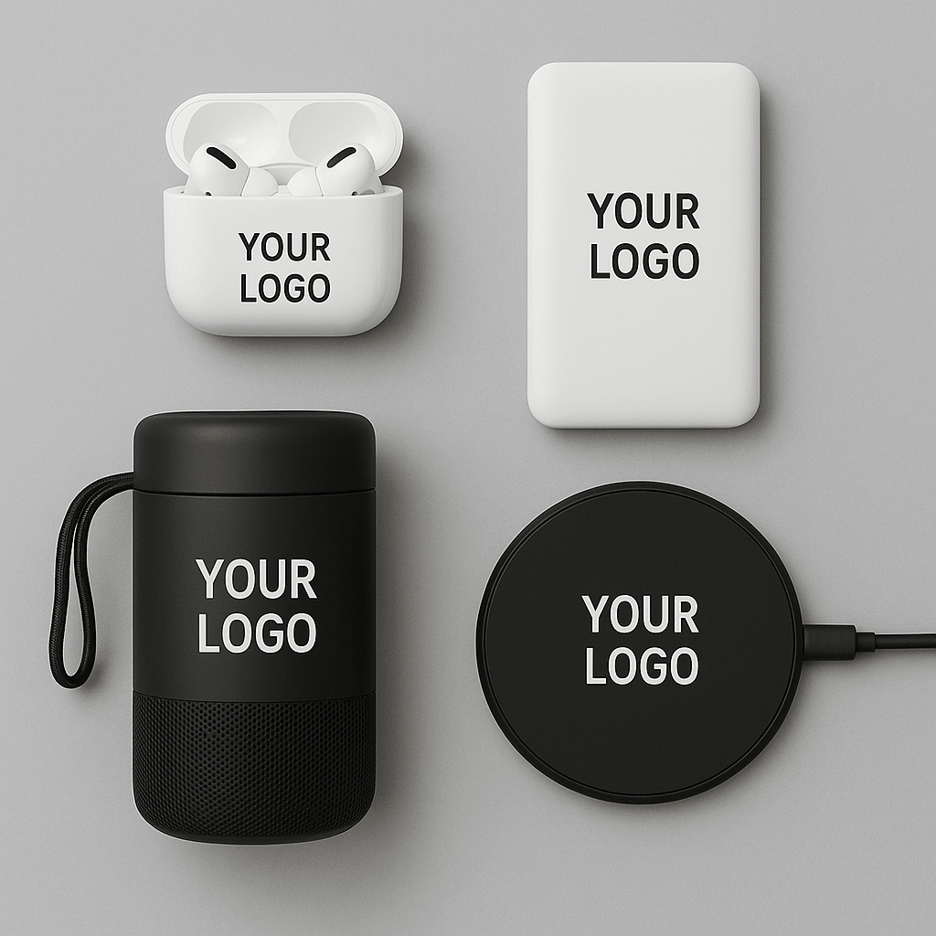Portable Tech Gadgets Clients Actually Love including branded earbuds, power bank, speaker, and charger.