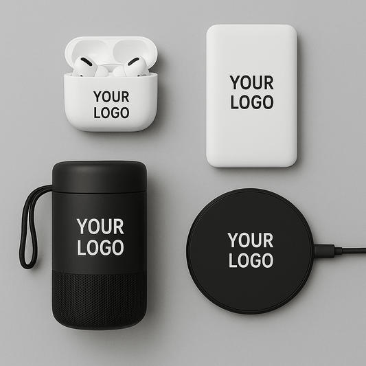 Portable Tech Gadgets Clients Actually Love including branded earbuds, power bank, speaker, and charger.