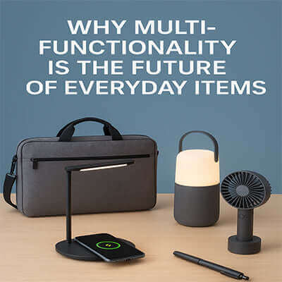 Why Multi-Functionality is the Future of Everyday Items showcased with innovative products like a lamp, fan, and bag.