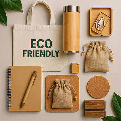 Trendy Eco-Friendly Corporate Gifts for 2025: Impress While Staying Green - Eco-friendly corporate gift items arranged flat.