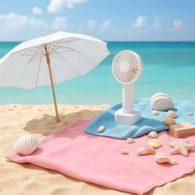 Portable Fans & Summer Gadgets Your Clients Will Thank You For on a beach with umbrella and seashells.