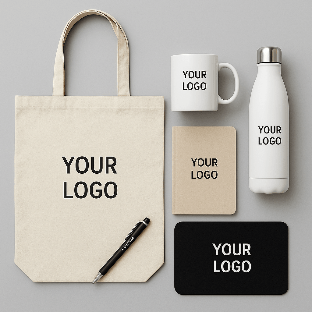 Everyday Essentials That Keep Your Brand Top of Mind: tote, mug, water bottle, notebook, and pen with logo.