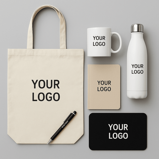 Everyday Essentials That Keep Your Brand Top of Mind: tote, mug, water bottle, notebook, and pen with logo.