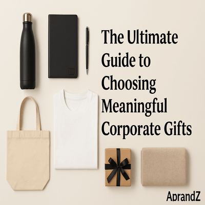 The Ultimate Guide to Choosing Meaningful Corporate Gifts displayed with various corporate items on a flat lay.