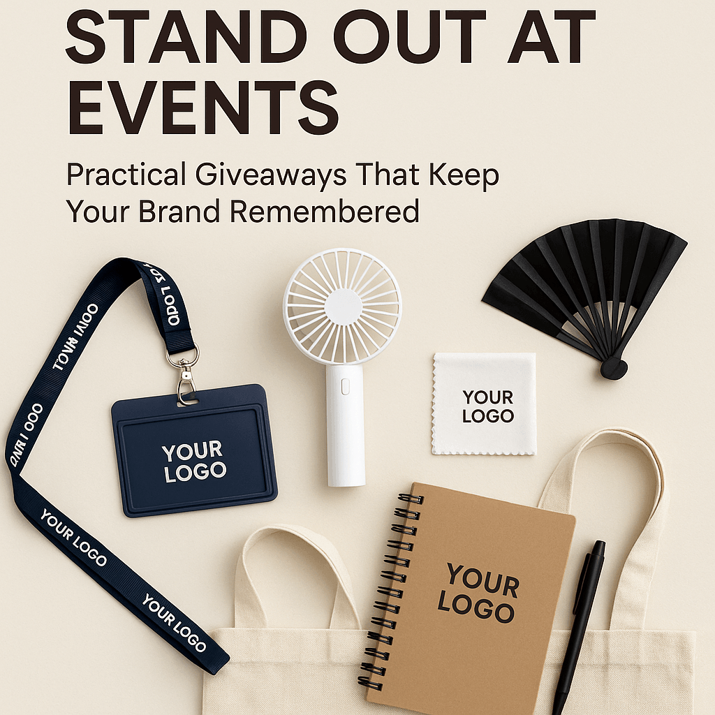 Stand Out at Events: Practical Giveaways That Keep Your Brand Remembered with branded merchandise like fans and notebooks.