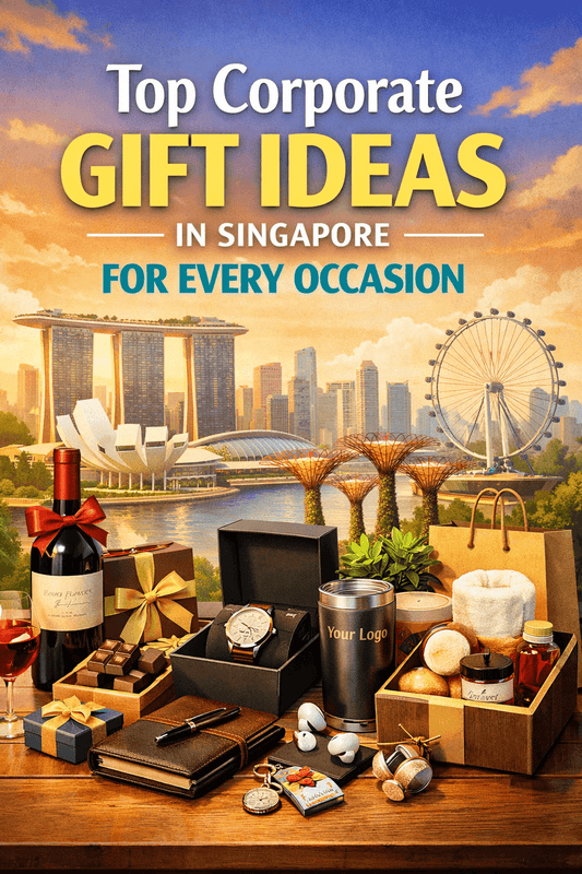 Top Corporate Gift Ideas in Singapore for Every Occasion display with gifts and iconic cityscape