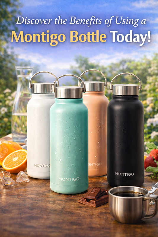 Discover the Benefits of Using a Montigo Bottle Today! Four stylish Montigo bottles displayed outdoors.