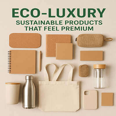 Image showcasing eco-luxury sustainable products that feel premium including a tote, bottles, and notebooks.