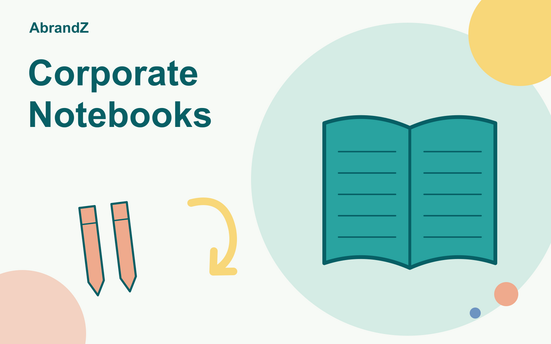 Corporate Notebooks illustration: open notebook and pens.