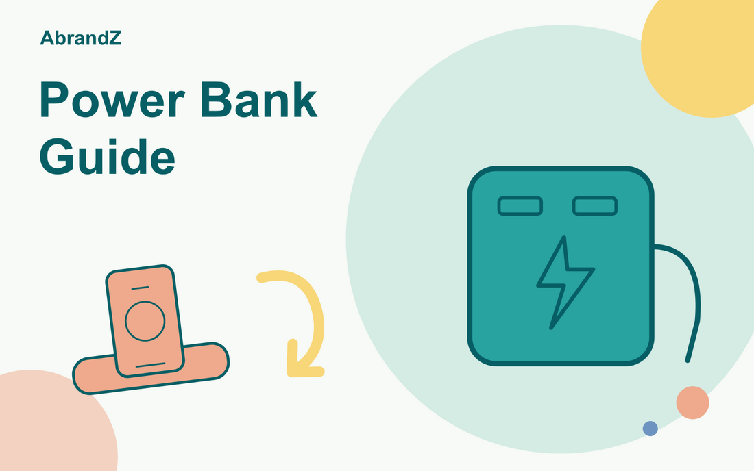 Power Bank Guide illustration: portable battery pack and charging cable and phone on a charging pad.