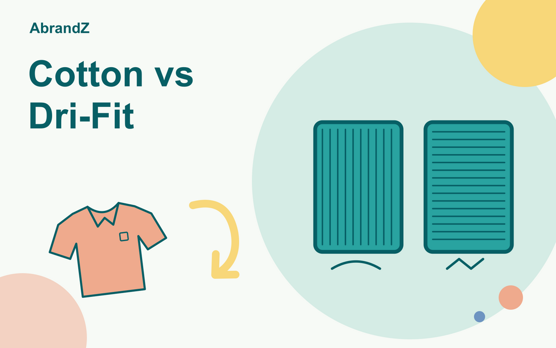 Cotton vs Dri-Fit illustration: two differently patterned fabric swatches and polo shirt.