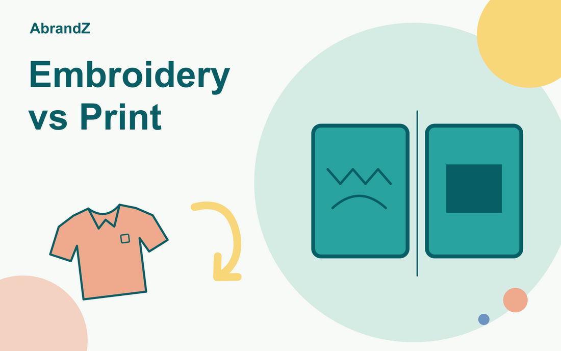 Embroidery vs Print illustration: stitched and printed fabric panels and polo shirt.