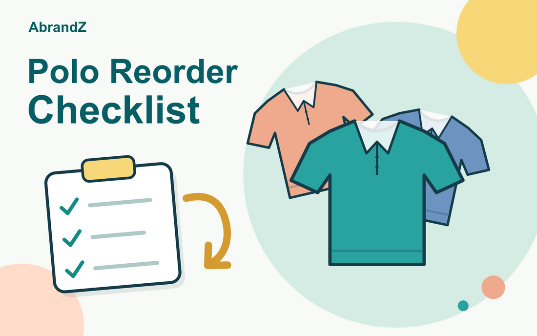 Polo Reorder Checklist cover with teal, coral and blue polo shirts, a ticked checklist and a gold reorder arrow.