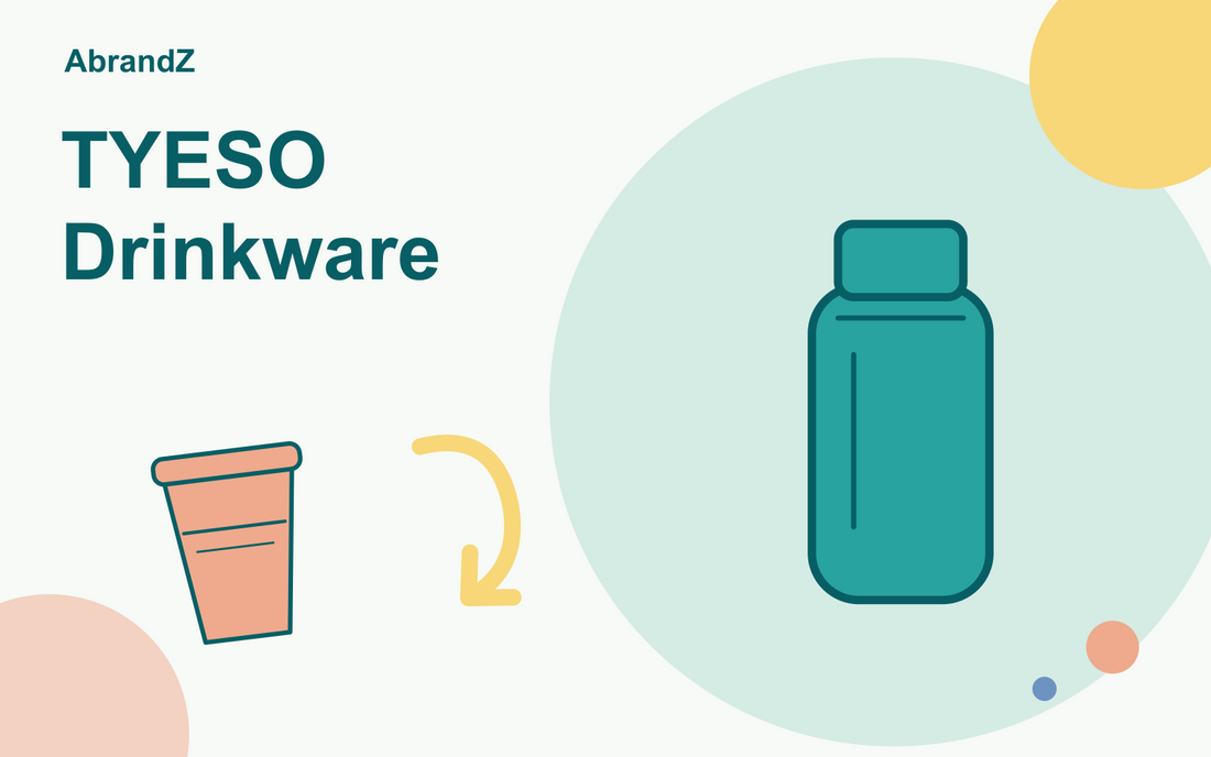 TYESO drinkware guide illustration with a bottle, tumbler and comparison arrow.