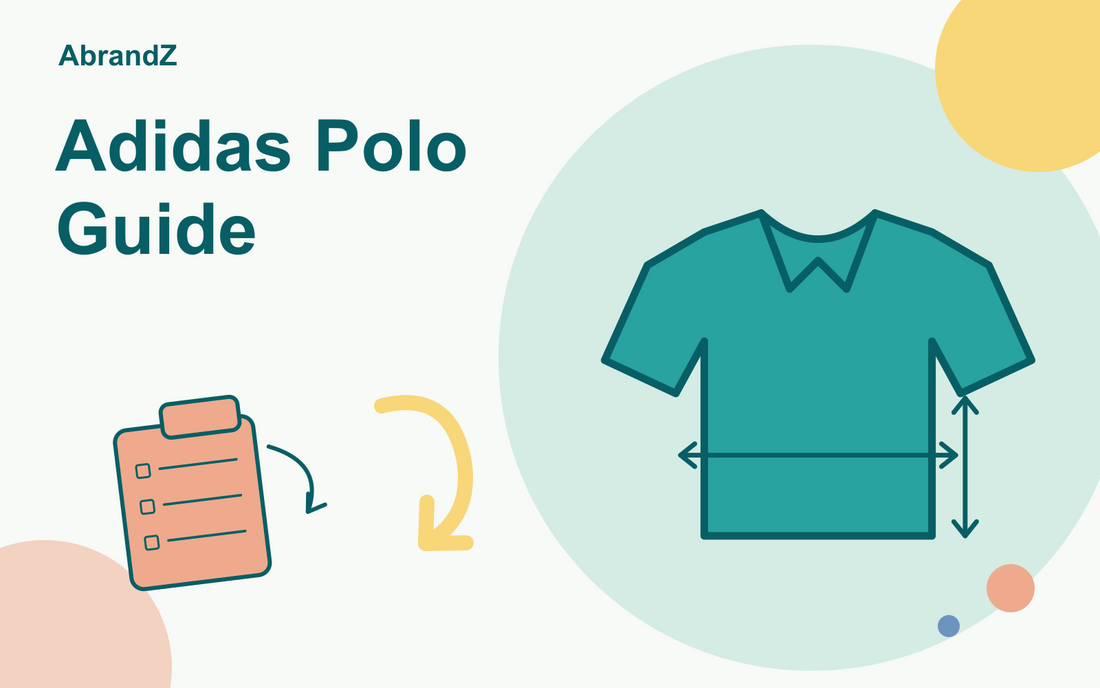 Adidas polo guide illustration with a polo shirt and size-allocation checklist.