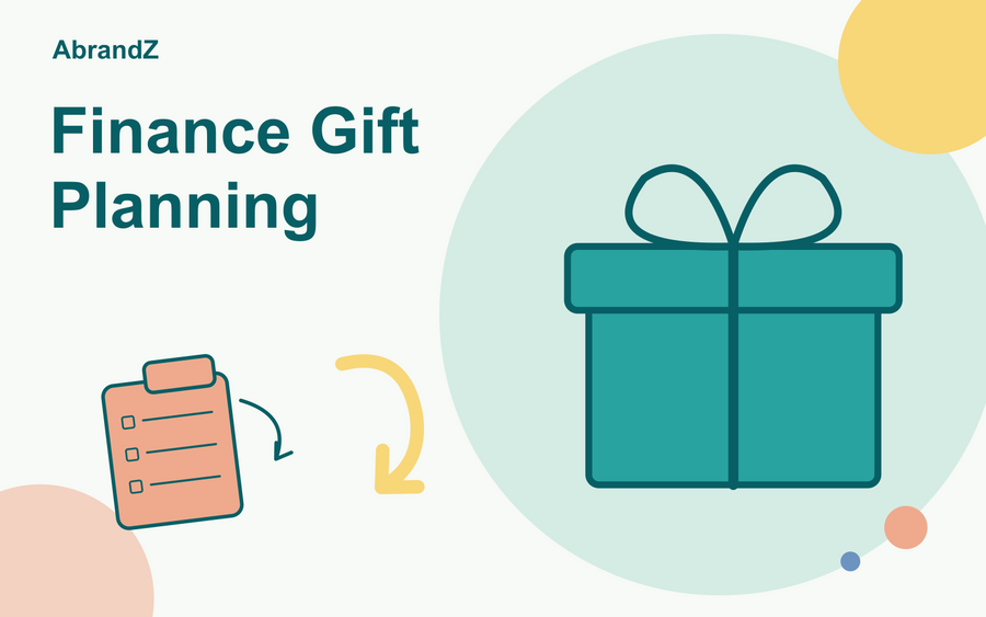Finance gift planning illustration with a gift box, checklist and curved approval arrow.