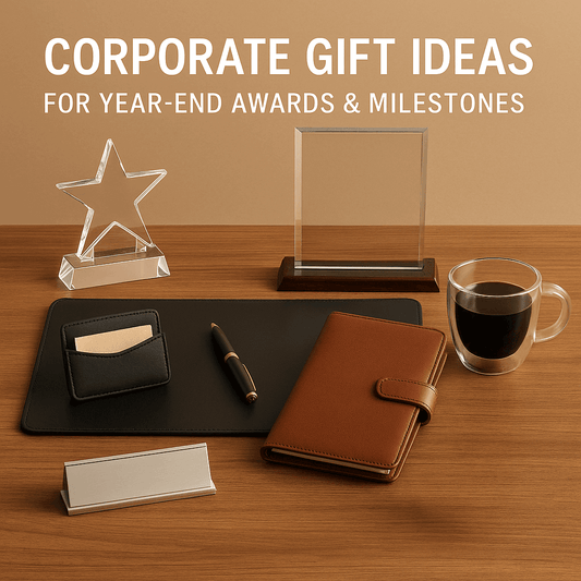 Corporate Gift Ideas for Year-End Awards & Milestones displayed on a wooden desk, featuring awards and office supplies.