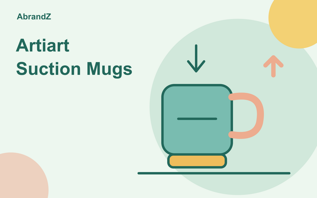 Illustration of a teal mug with a coral handle and yellow base on a desk line, with downward and upward arrows.