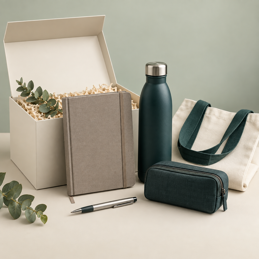 Corporate gift assortment with a teal bottle, notebook, pen, canvas tote and organiser beside an ivory gift box