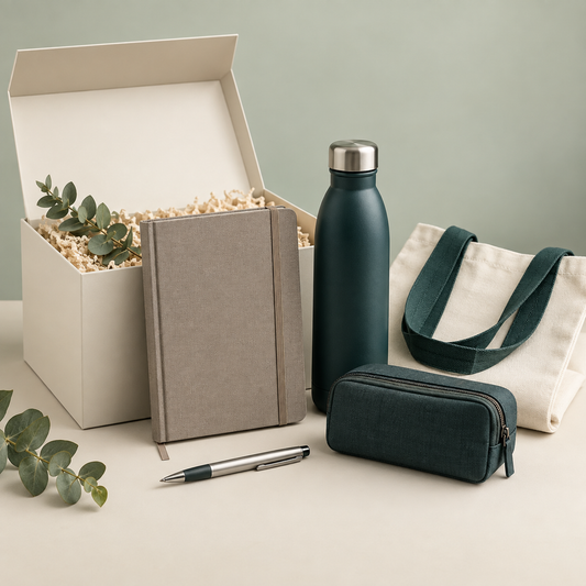 Corporate gift assortment with a teal bottle, notebook, pen, canvas tote and organiser beside an ivory gift box