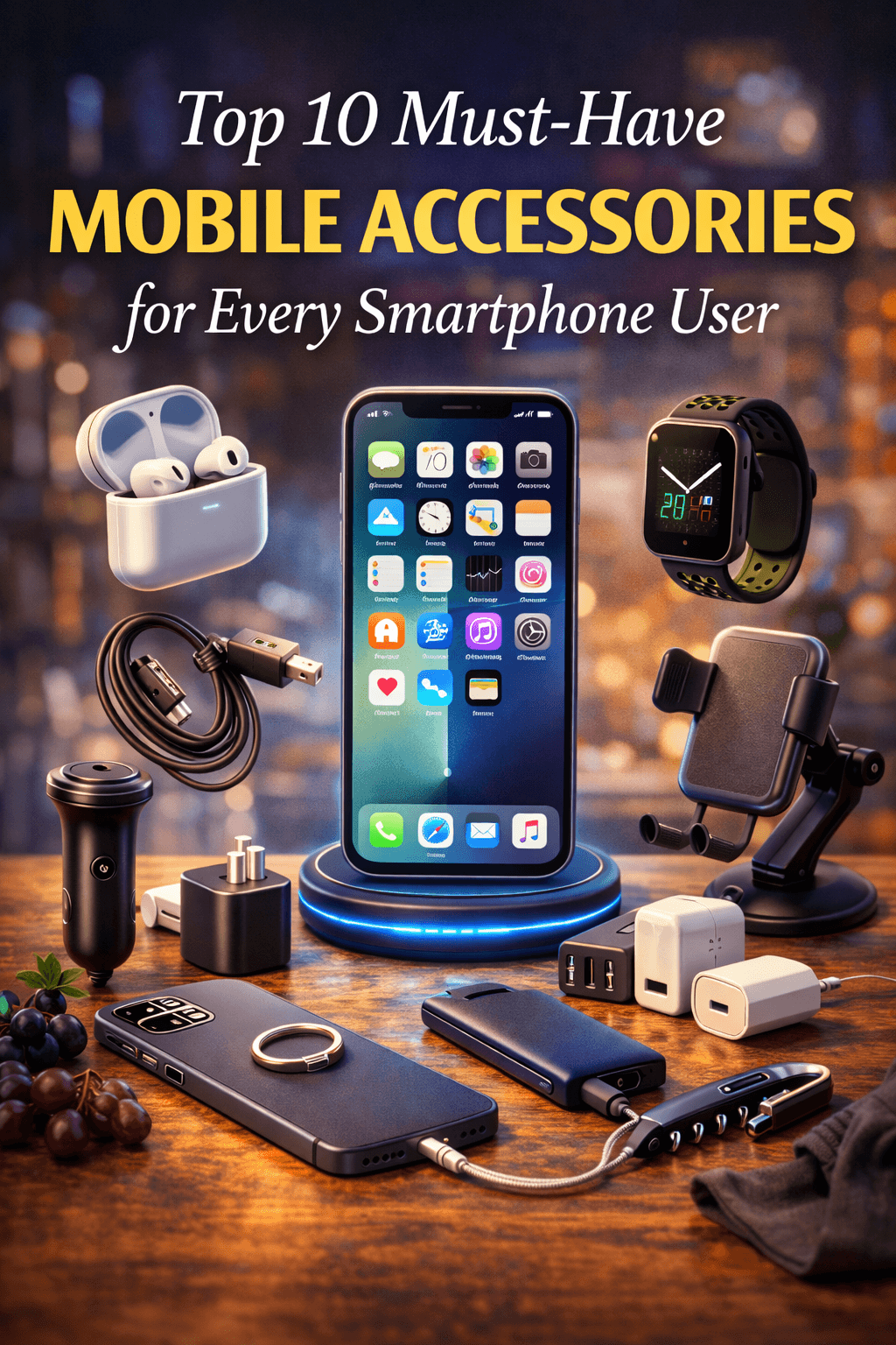 Top 10 Must-Have Mobile Accessories for Every Smartphone User displayed with various tech gadgets.