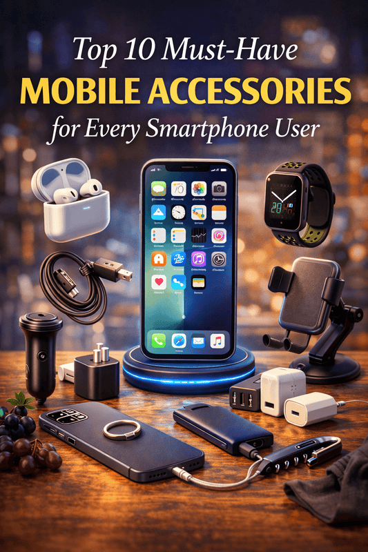 Top 10 Must-Have Mobile Accessories for Every Smartphone User displayed with various tech gadgets.