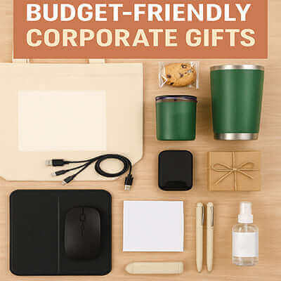 Image of various Budget-Friendly Corporate Gifts that impress, including mugs, bags, and stationery items arranged on a table.