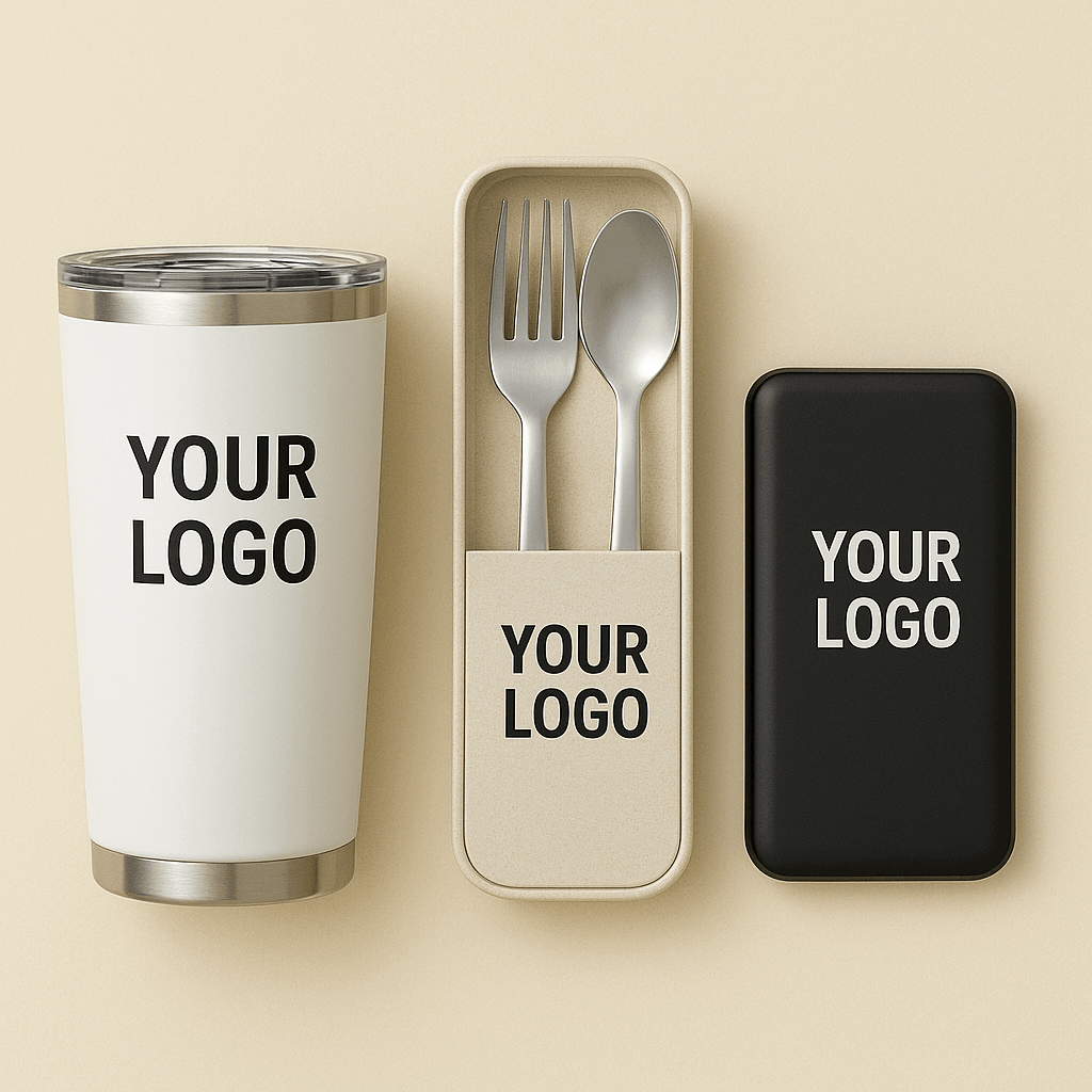 How to Choose the Perfect Thank-You Gift for Clients, featuring branded tumbler and utensils.