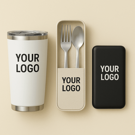How to Choose the Perfect Thank-You Gift for Clients, featuring branded tumbler and utensils.