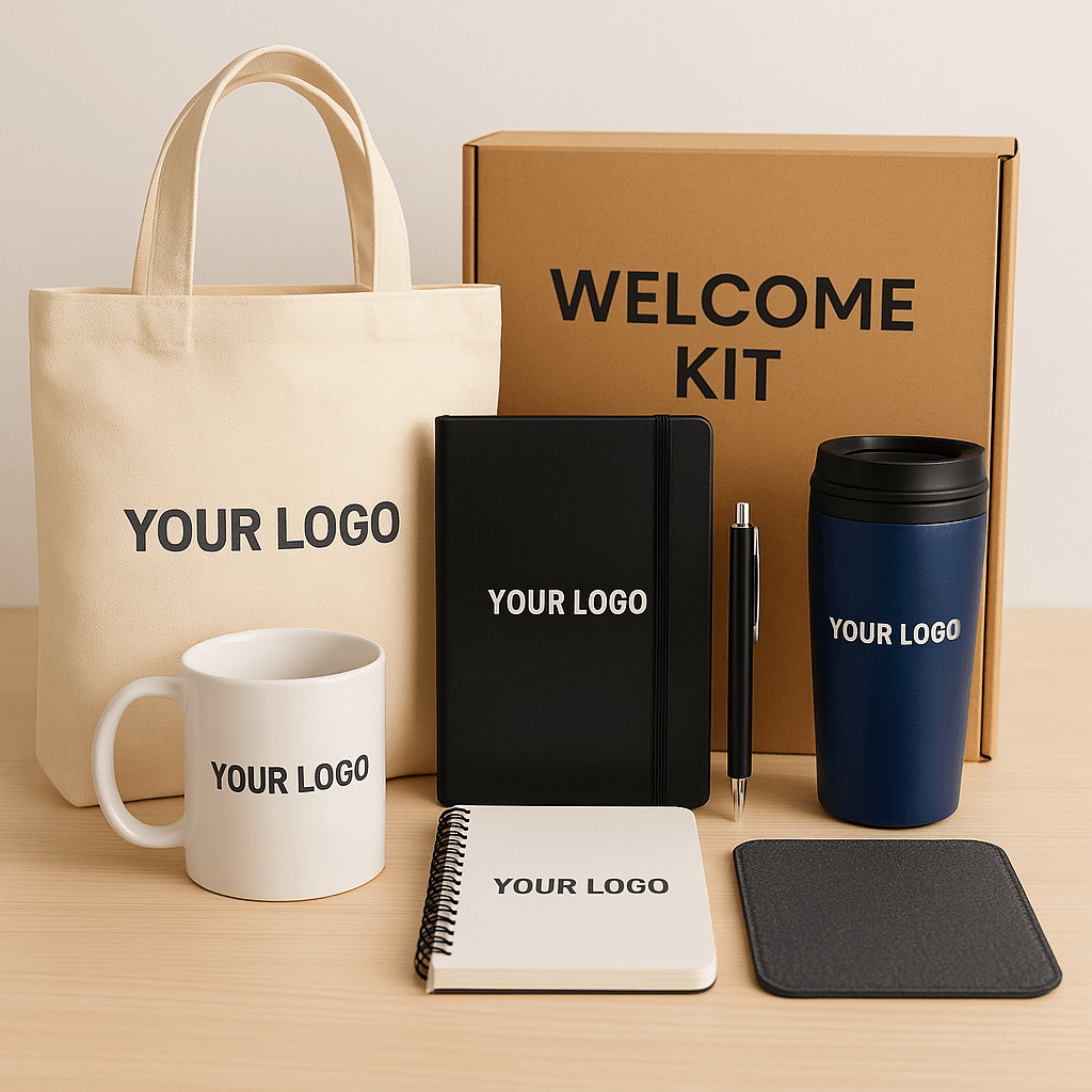 First Impressions Matter: Curated Welcome Kits to Wow New Employees with branded tote, mug, notebook, and coffee cup.
