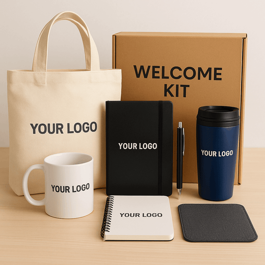 First Impressions Matter: Curated Welcome Kits to Wow New Employees with branded tote, mug, notebook, and coffee cup.