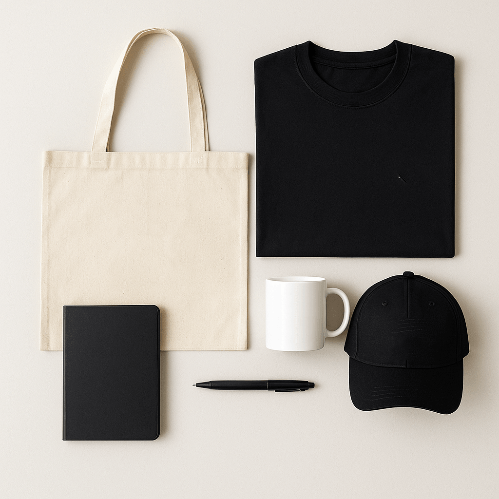 Amplify Your Rebranding or Product Launch with Impactful Promotional Merchandise including tote bag, t-shirt, mug, notebook, and cap.