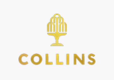 Gold Collins wordmark and emblem on a white background